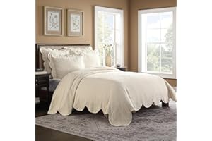 Historic Charleston Charleston Estate Modern Farmhouse Floral Matelasse Coverlet with Scalloped Edges, 100% Cotton Breathable Bedding, Full/Queen, Ivory Floral