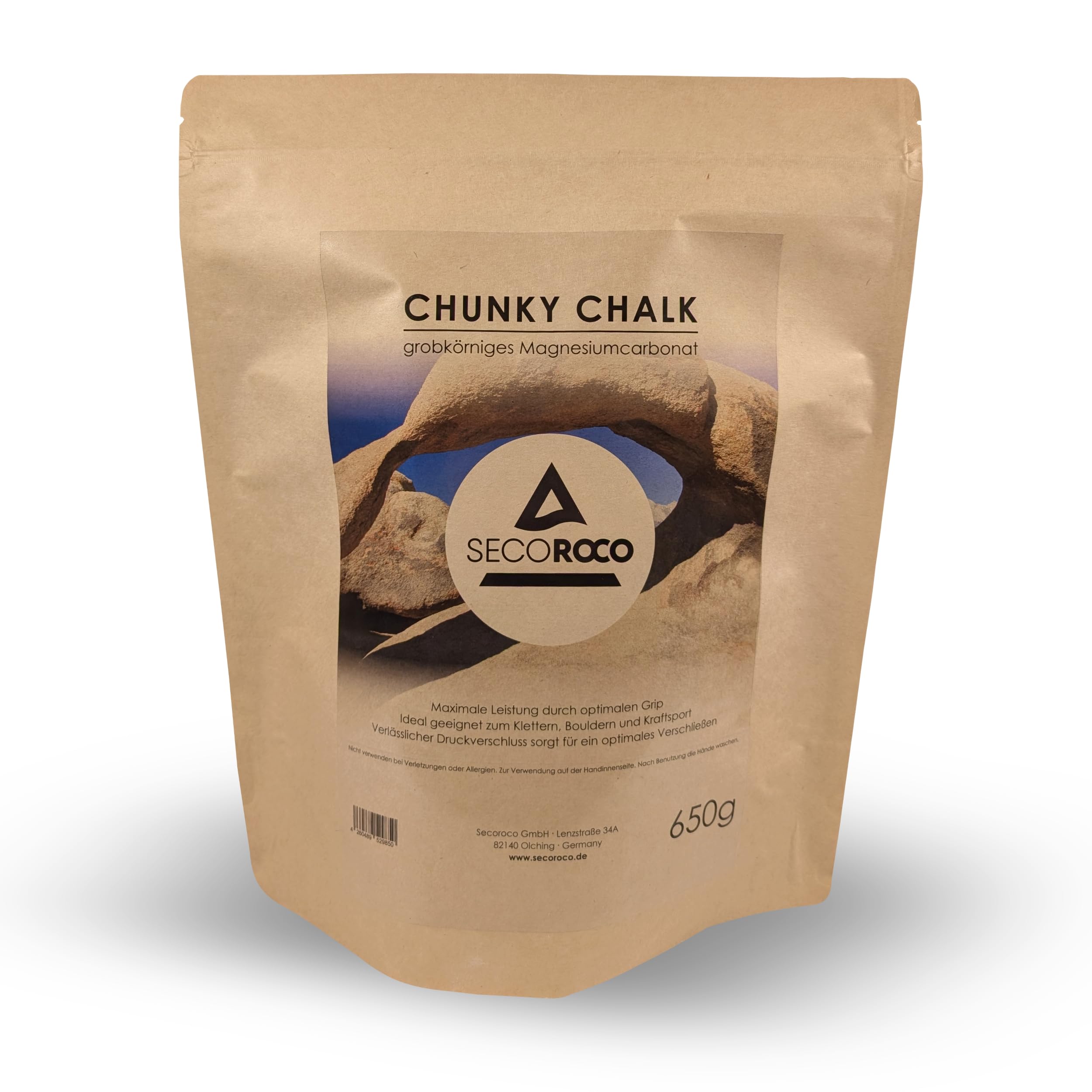 Secoroco Chalk for climbing, 650 g fine and coarse-grained chalk powder, magnesium carbonate for climbing, bouldering and fitness, bag with zip closure