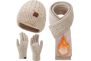 MA COWCF Womens Winter Beanie Hat Scarf Gloves Set, Knit Touch Screen Gloves Long Scarf Skull Caps Fleece Lined Winter Gift