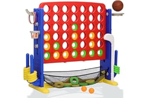 HAPPYMATY Giant 4 in A Row Game, Height Adjust Jumbo Yard Game Set for Kids & Adults with Mesh Catching Bag, Golf, Basketball Hoop & Ring Toss, 4-to-Score Connect Games for Indoor/ Outdoor Fun