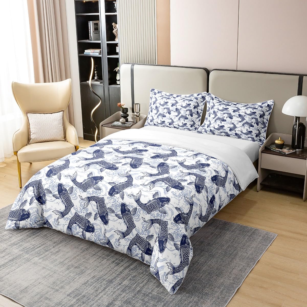 Japanese Koi Cotton Duvet Cover Set Set for Kids Girls Boys, Ocean Wave Hokusai Comforter Double Size, Exotic Carp Fish Marine Sea Decorative Cotton Duvet Cover Set White Blue Duvet Set