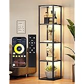 PARTPHONER Large Glass Display Shelf with Remote/APP Control, Dimmable LED Floor Lamp with Shelves, Open Display Cabinet, Col