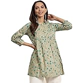 Yash Gallery Women's Rayon Leaf Printed Stand Hip Length Collar 3/4 Puff Sleeve Indian Short Kurta For Summer