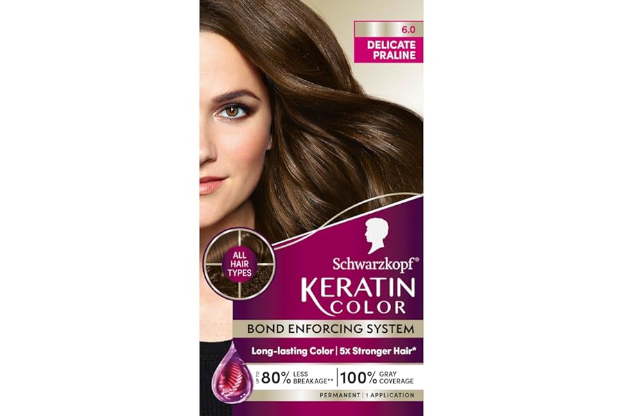 Schwarzkopf Keratin Permanent Hair Dye Cream, 6.0 Delicate Praline, Professional Quality Color for Up to 100% Gray Coverage, Bond Enforcing System