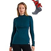 Merino Wool Base Layer Women - 100% Merino Half Zip Sweater Women Lite, Midweight, Heavyweight Thermal Shirts and Socks