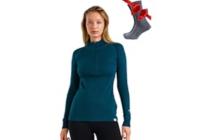 Merino Wool Base Layer Women - 100% Merino Half Zip Sweater Women Lite, Midweight, Heavyweight Thermal Shirts with Socks
