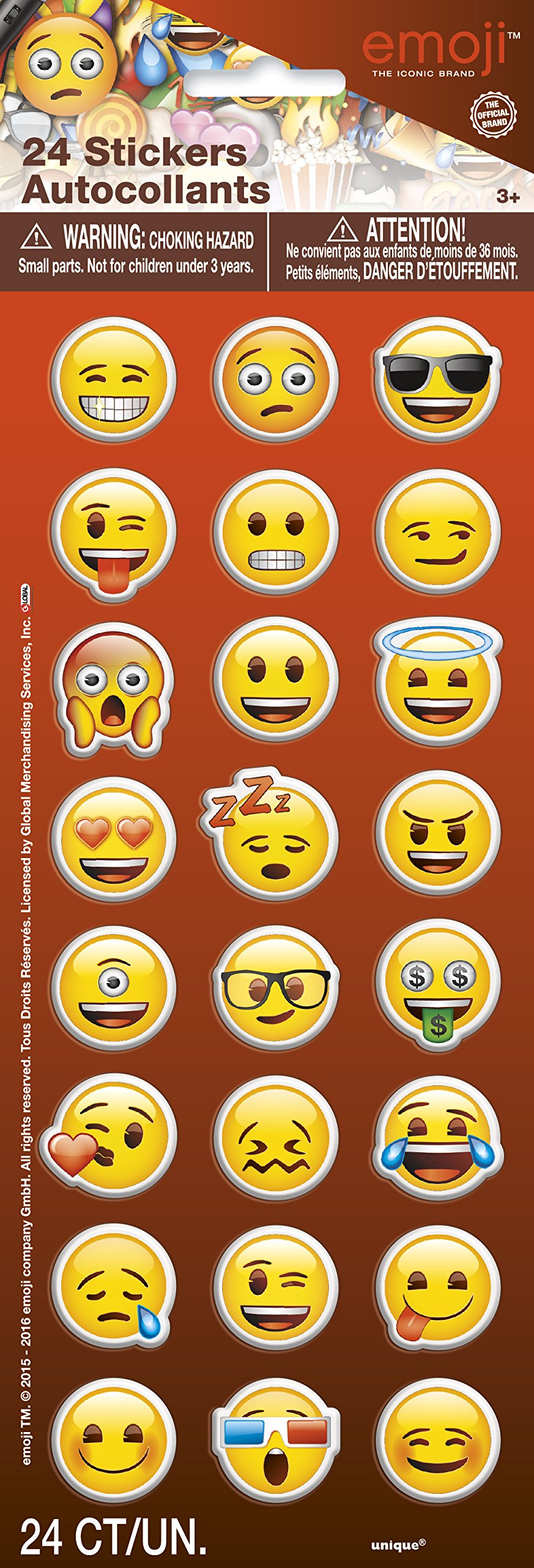 Unique Party 50580 - Emoji Faces Puffy Stickers, Pack of 24
