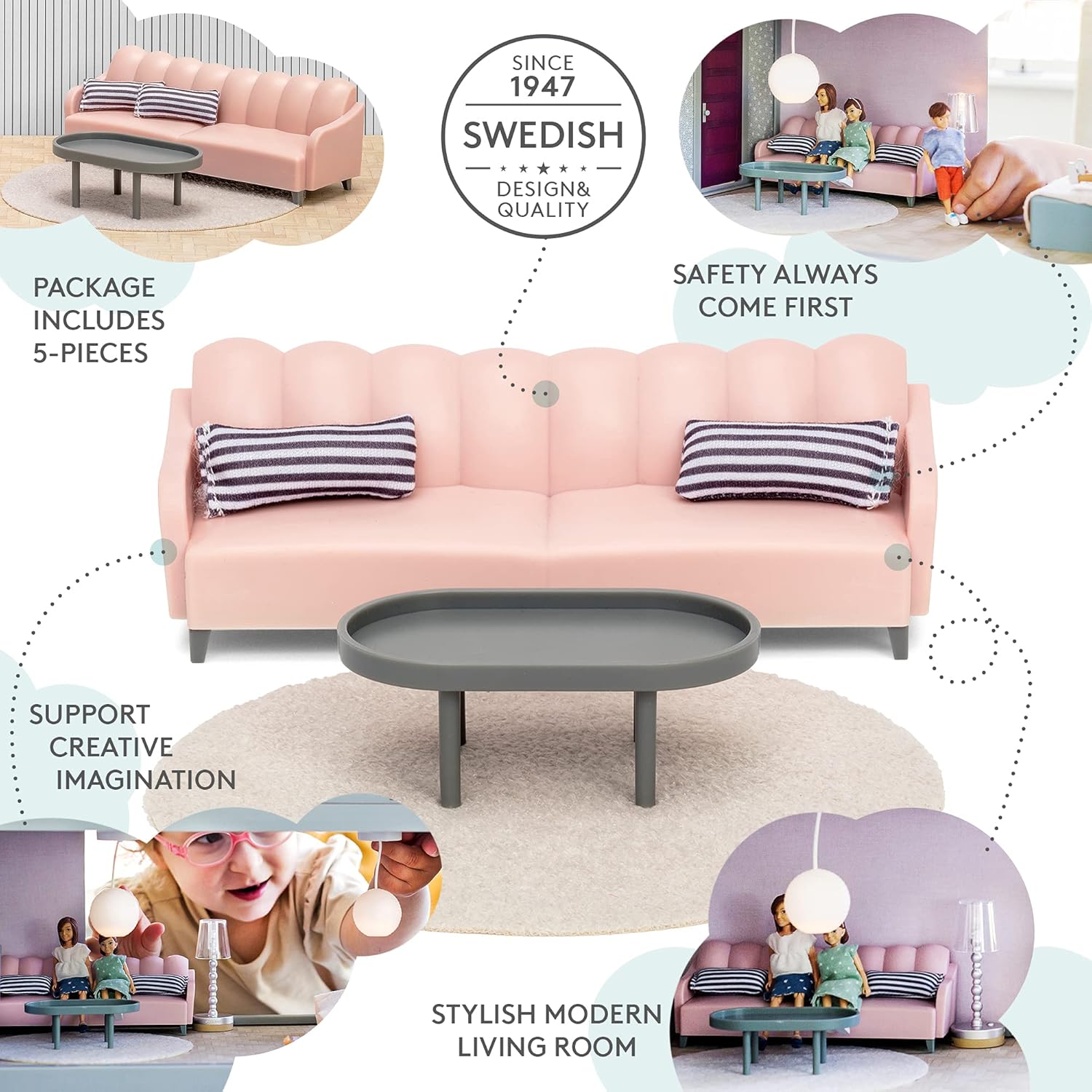 LUNDBY Dolls House Furniture Living Room Sets - Doll House Accessories - 5-pieces for mini dolls 11 cm, Age 3+, 1:18 - Image 3