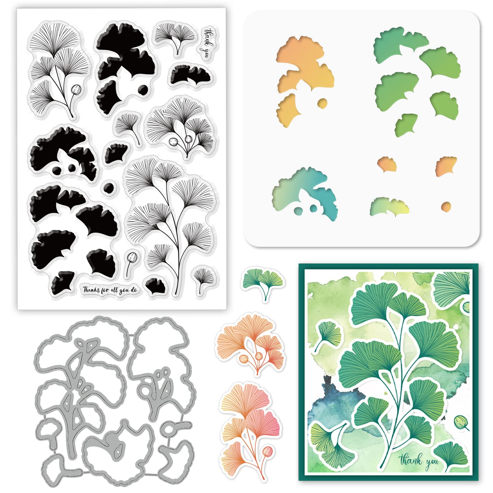 GLOBLELAND Layered Ginkgo Biloba Theme Silicone Clear Stamps Metal Cutting Die Cuts Pet Craft Stencils Template for Card Making and DIY Embossing Scrapbooking Craft Decor