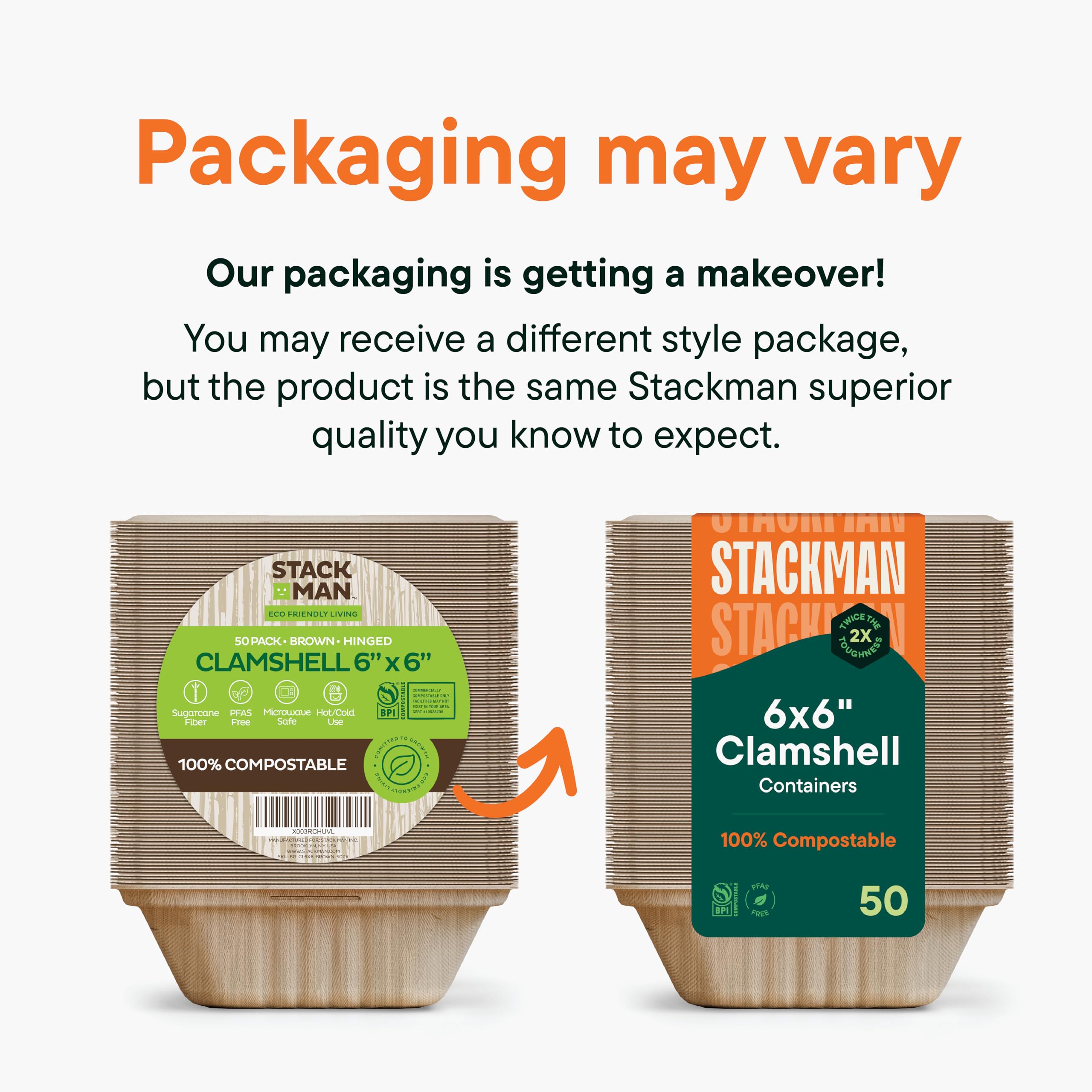 100% Compostable Clamshell Take Out Food Containers [6x6