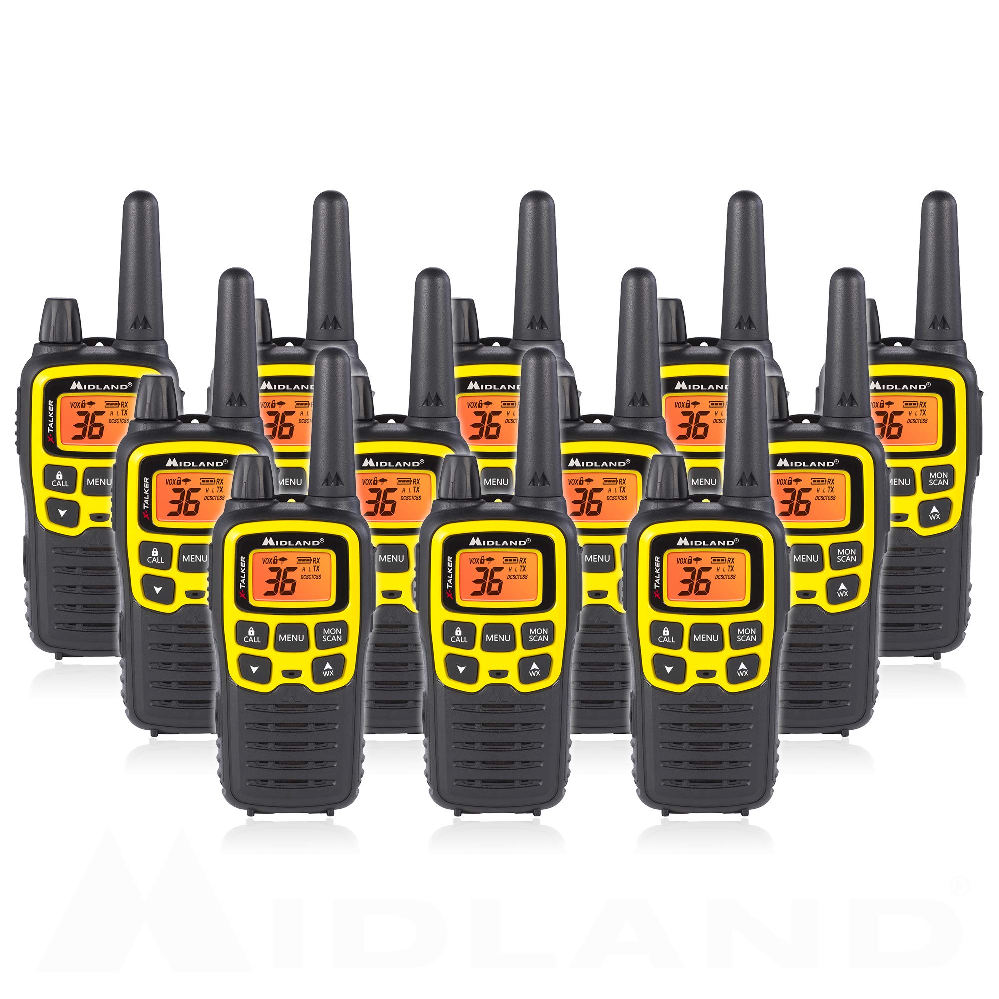 MidlandT61VP3 36 Channel FRS Two-Way Radio - Up to 32 Mile Range Walkie Talkie - Yellow/Black (Pack of 12)