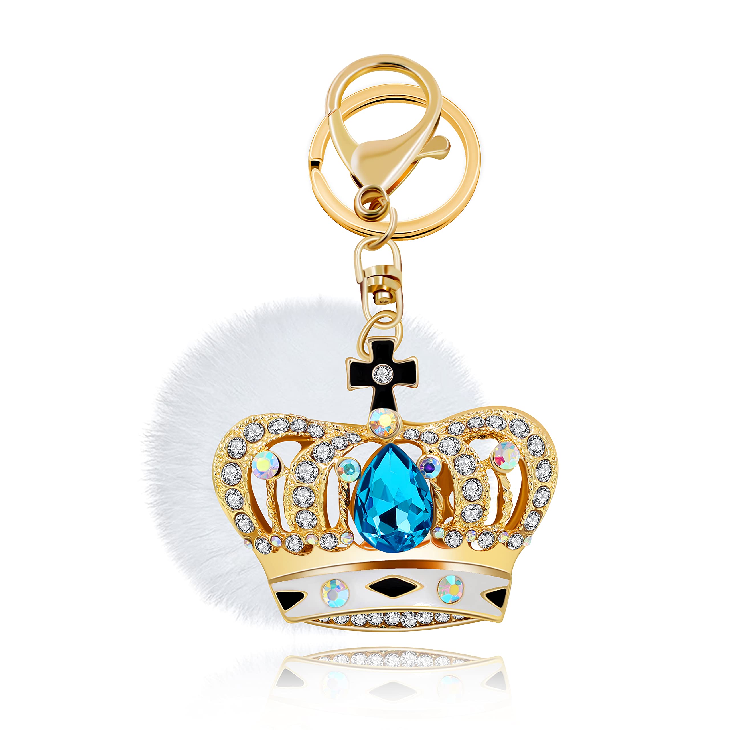 Uloveido Blue Crown of Queen Design Keychains for Teen Girls Women Charms with White Fur Ball
