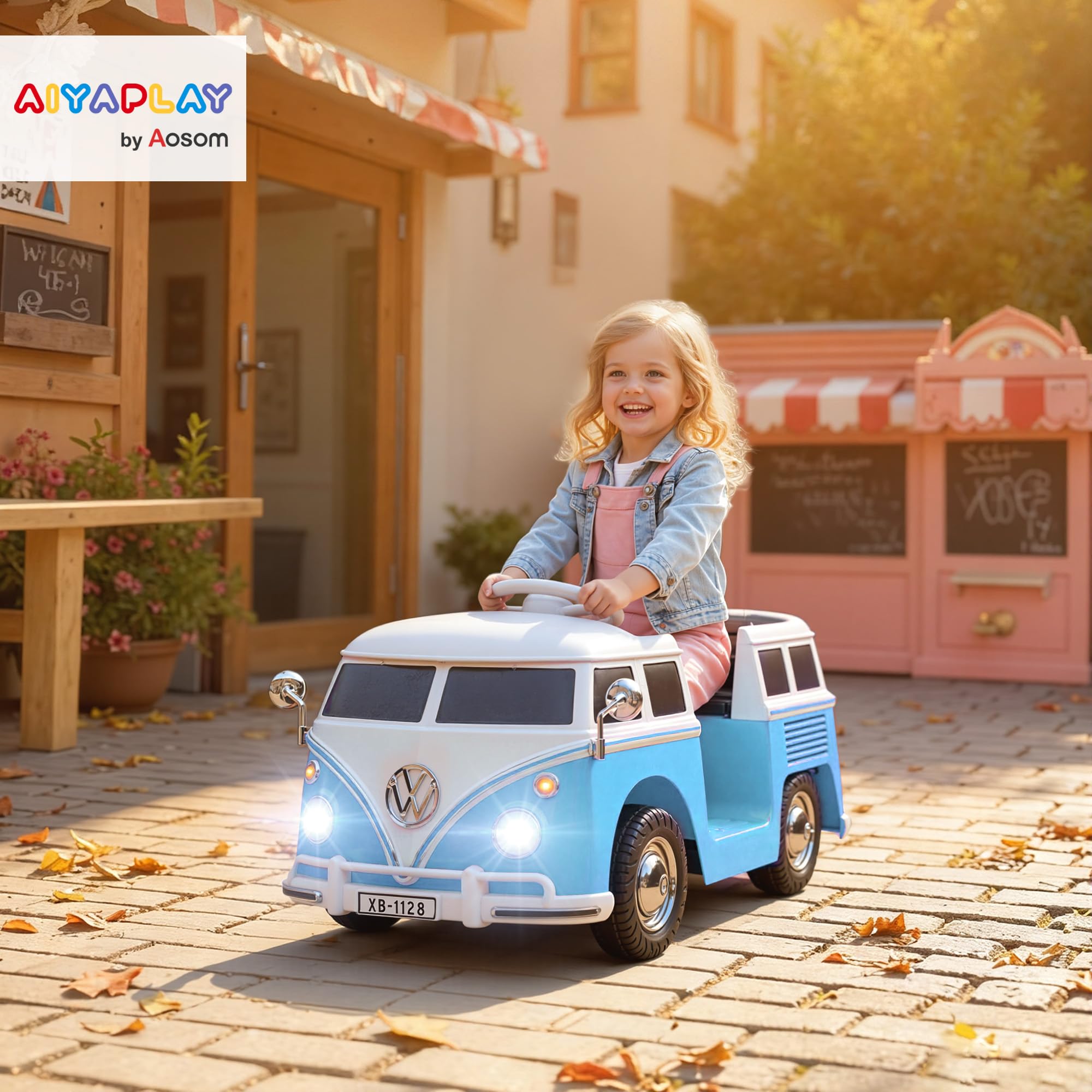 AIYAPLAY Kinder Elektroauto, 12V Volkswagen Kinderfahrzeug mit MP3, Doppelmotor, Elektrofahrzeug mit Hupe, LED-Lichtern, Sanftanlauf, 3-8 km/h, für 3-7 Jahre Kinder, Blau 2