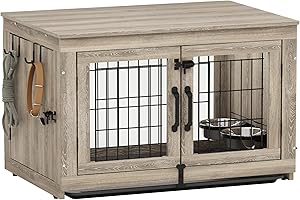 Piskyet Wooden Dog Crate Furniture with 360°Rotatable Removable Dog Bowls, Dog Crate End Table with Tray, Double Doors Dog Kennels for Dogs(M:31.8" L*22.1" W*24.1" H, Gray)