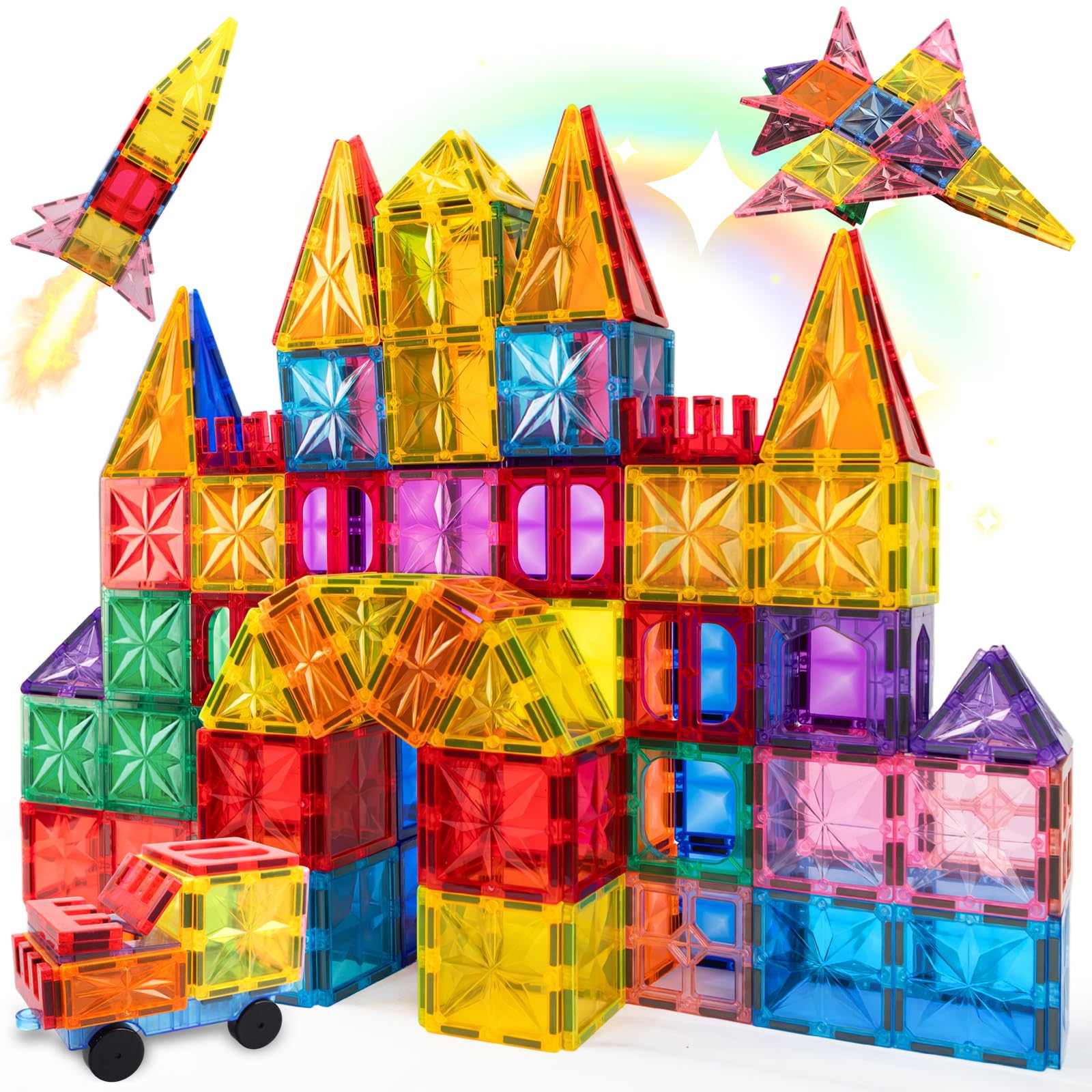 Riswistoy Magnetic Tiles Building Blocks Sensory Toys STEM Kids Games Magnet Building Toys for Boys and Girls Aged 3+ Preschool Kindergarten Toddler Toys for Kids Brain Development (100 PCS)