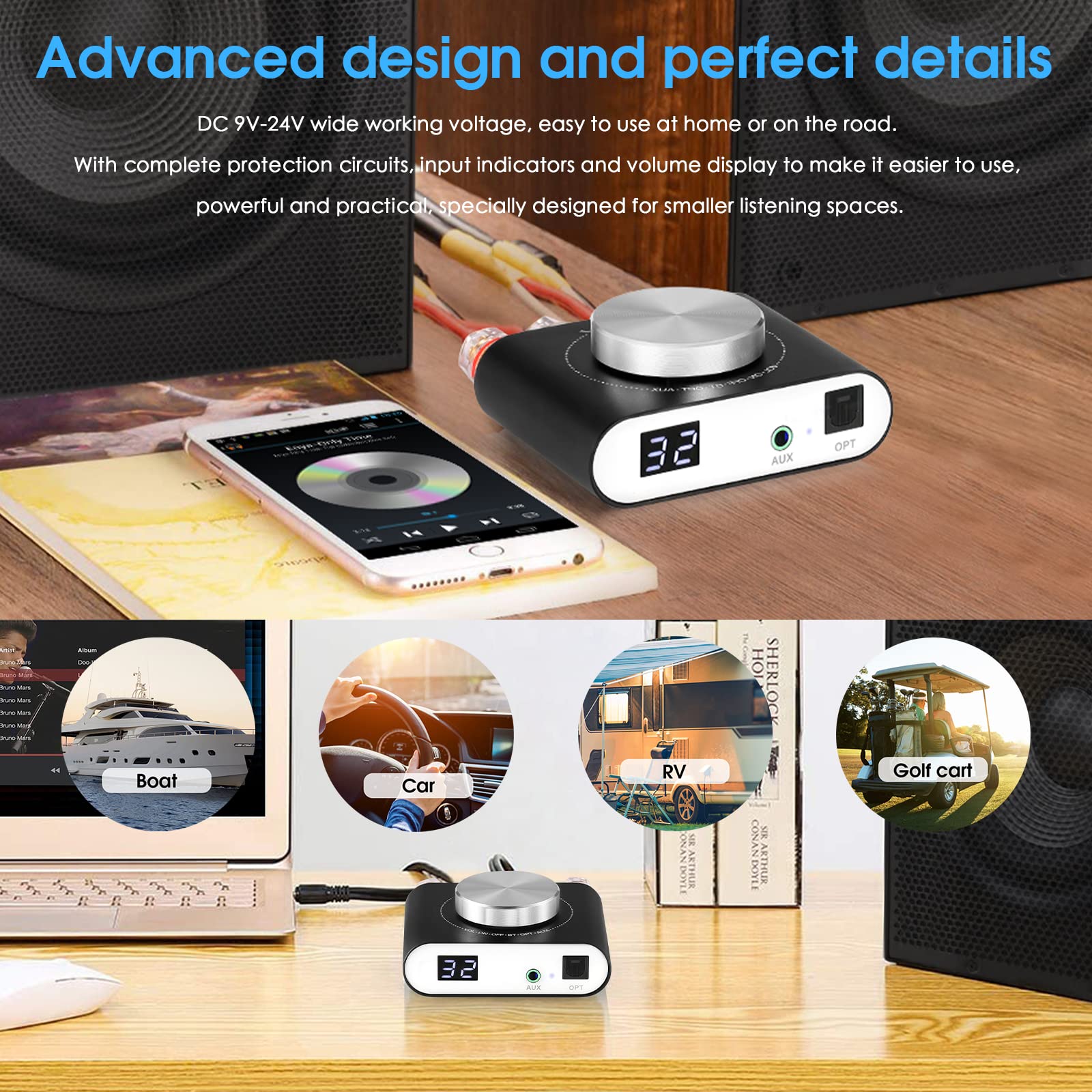 Nobsound Q10 2 Channel Bluetooth Amplifier, 100 watts x2 Audio Power Mini Amp Wireless Receiver with Optical Input for Home Theater Stereo Speakers