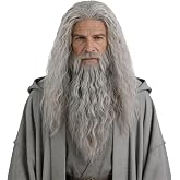 Topcosplay Men Wigs and Beard Set Long Gray Cosplay Halloween Costume Party Wizard Wig