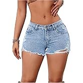 WDIRARA Women's Stretchy Ripped Jean Shorts Low Rise Raw Hem Skinny Denim Shorts
