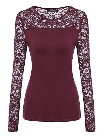 Zeagoo Damen Elegant Langarmshirt Langarm Bluse mit Floral Spitze Spitzenshirt Top Tunika Hemd