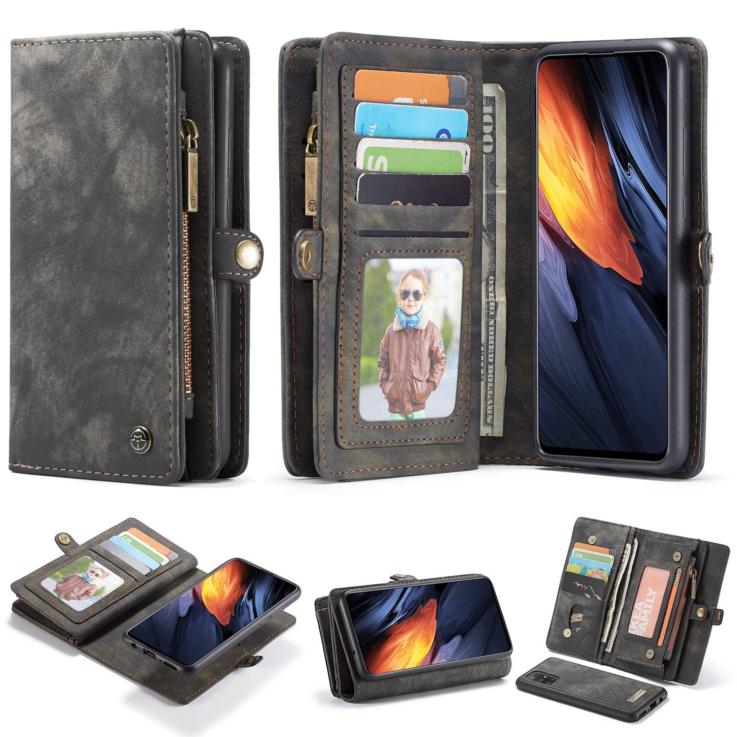 ANROD Detachable Leather Wallet Case for Samsung Galaxy A71,CaseMe Magnetic Closure 2-in-1 Flip TPU Shockproof Zipper Purse Back Cover with Card Slots (Black)