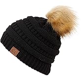 C.C Fur Pom Winter Fall Trendy Chunky Stretchy Cable Knit Beanie Hat