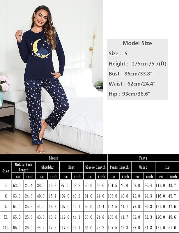 Ensemble de Pyjama Femme Hiver Cotton Vêtements de Nuit à Chaud Manches Longues 2 Pièces Imprimé Tenue de Nuit Bleu Foncé,S — photo 6 sur 6