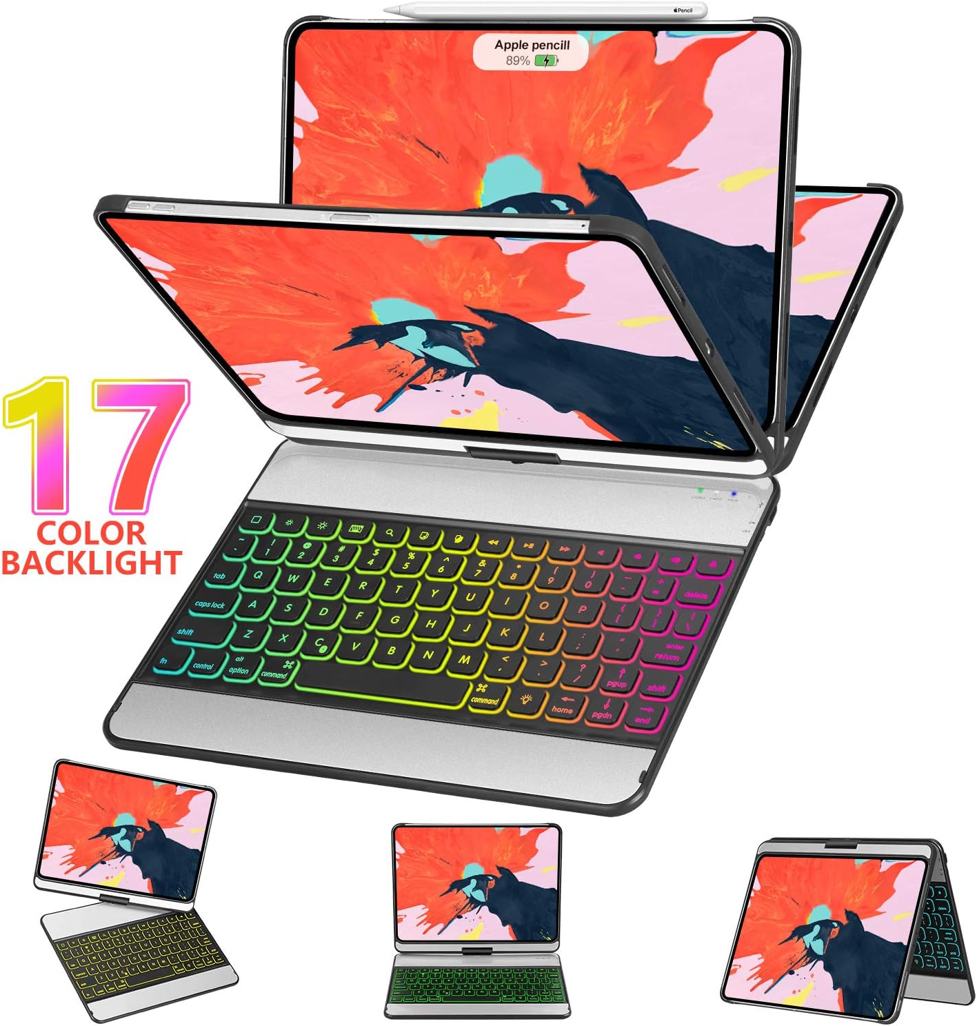 iPad Pro 11 Keyboard Case 2018-360 Rotate - Wireless/BT - Thin & Light - 17 Color Backlit - Auto Sleep Wake iPad Case with Keyboard for iPad Pro 11 Inch【Support Apple Pencil 2nd Gen Charging】-Black