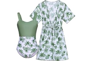 Funnycokid Girl One Piece Swimsuit with Cover Up Bathing Suit Swim Set Kids 6-12 Years