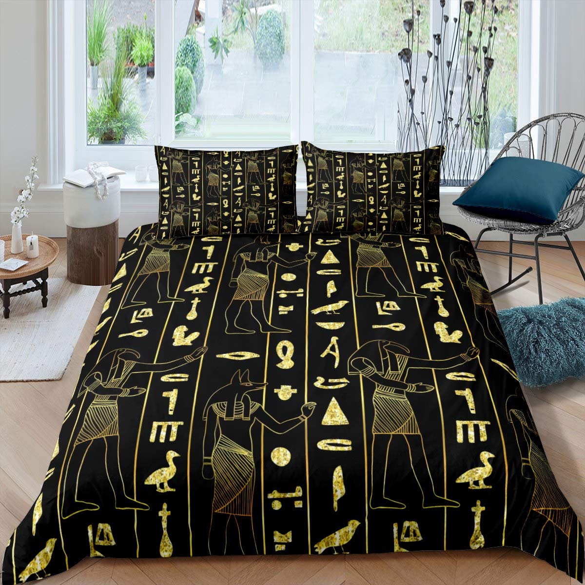 Egypt Duvet Cover Set Ancient Egyptian Script Comforter Cover Set for Kids Boys Teens Pharaoh Pyramid Bedding Set Tribal Culture Quilt Cover Bedroom Collection 3Pcs Super King — image 1