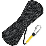 Hollow Braided Polypropylene Line Rope Heaving Line with Spring Hook for Ring Buoy (Black,15 m/ 16.4 Yards)