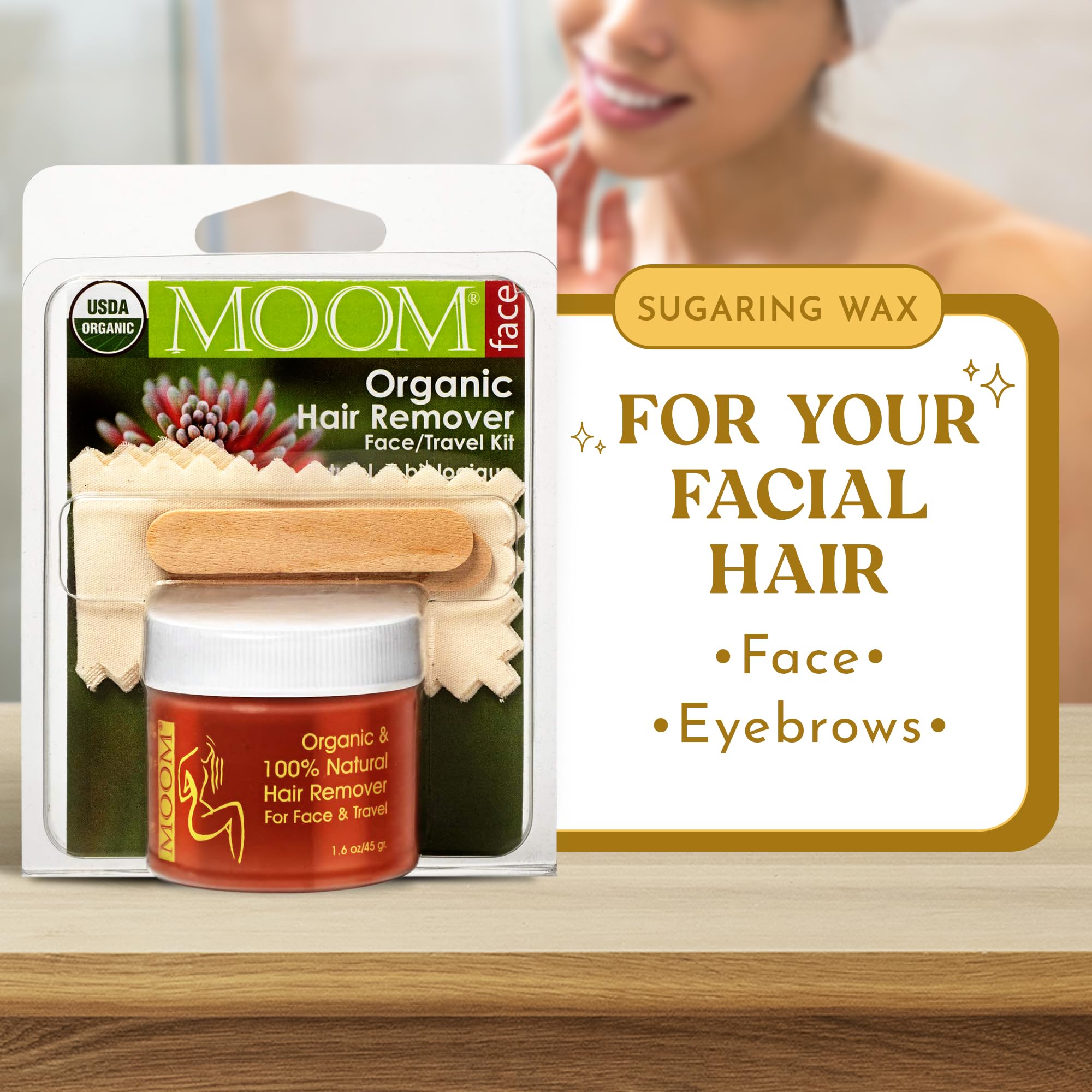 MOOM - Facial Sugaring Wax Travel Kit, Hair Removal for Chin, Eyebrows & Upper Lip - Made with Aloe Vera & Tea Tree Oil - Includes 1.6oz Jar, 6 Reusable Fabric Strips & 2 Wax Applicator Sticks