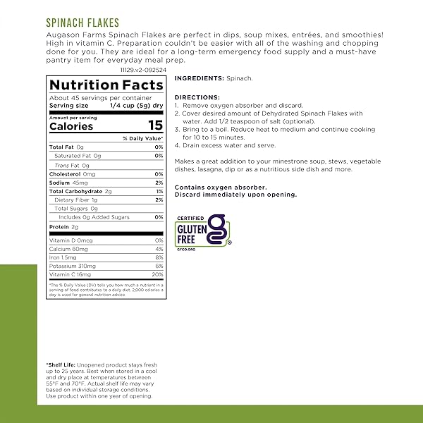 AUGASON FARMS DEHYDRATED SPINACH FLAKES CAN, EMERGENCY FOOD SUPPLY, EVERYDAY MEALS, 45 SERVINGS
