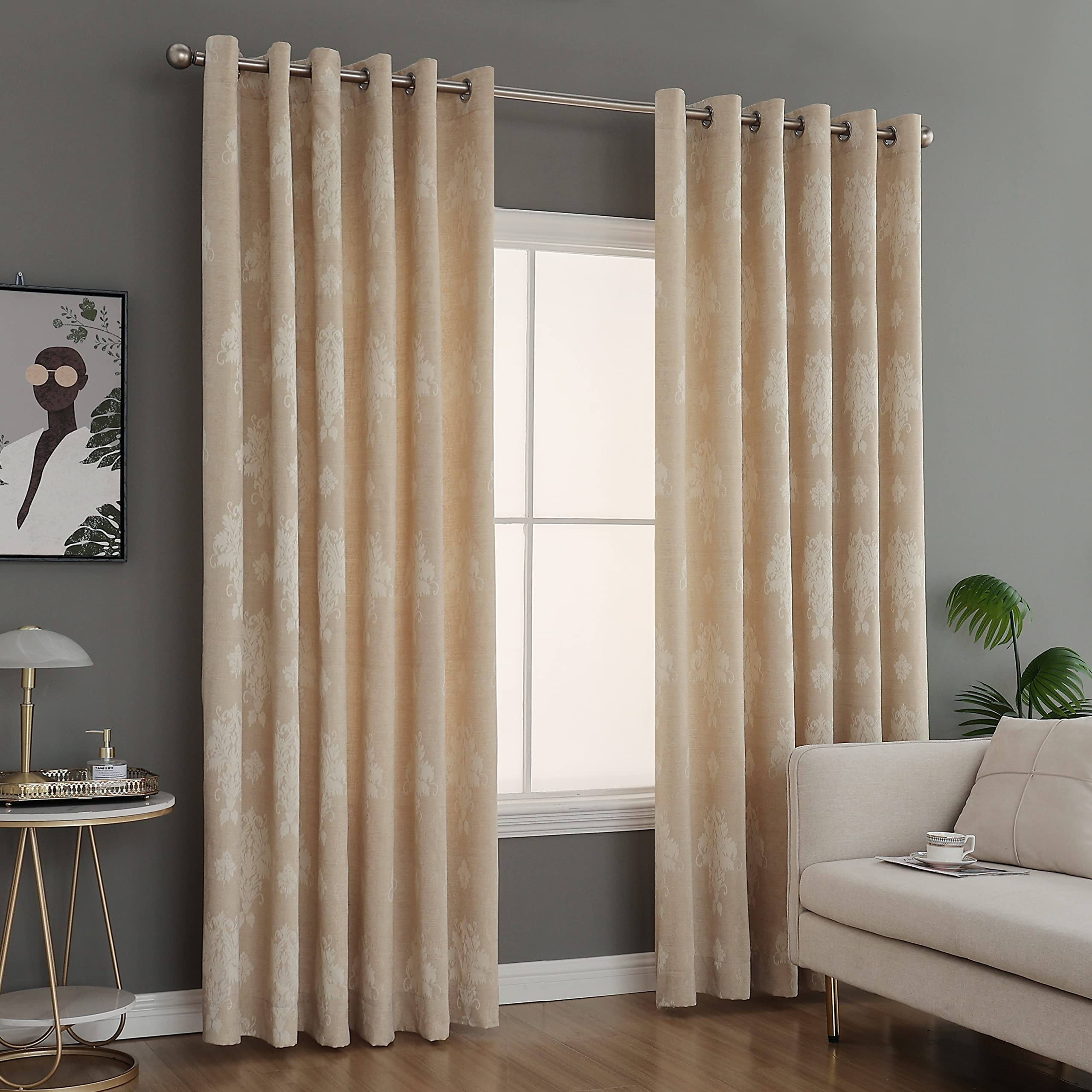 PRIME LINENS Curtain for Living Room Ring Top Jacquard Fully Lined Modern Panels Eyelet Curtain for Bedroom Window with 2 Free Tie Backs (Beige, W 66" x L 54")