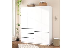 Mhsatyrs Armoire Wardrobe Closet with Drawers：75" Large White Wardrobe Closet Cabinet with 4 Doors for Hanging Clothes, Modern Wooden Bedroom Armoires with 3 Drawers and Storage (B+C, 63")