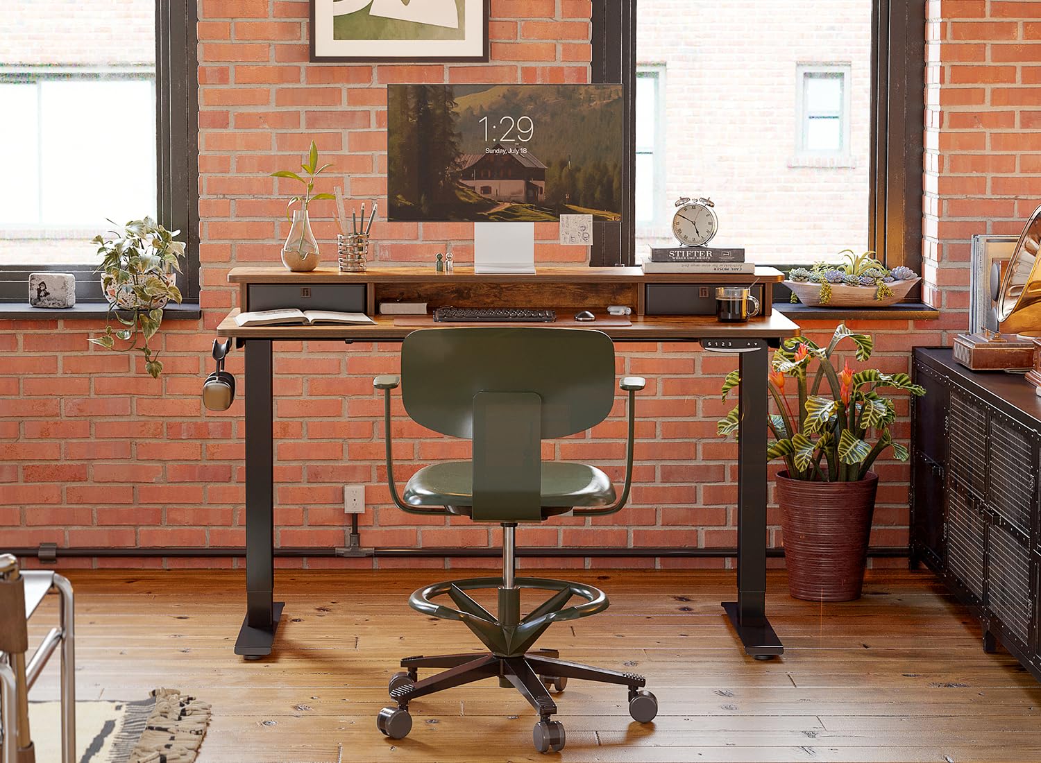 FEZIBO 40 x 24 Inch Height Adjustable Electric Standing Desk with Double Drawer, Stand Up Desk with Storage Shelf, Sit Stand Desk, Rustic Brown