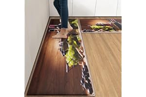 Arttown Red Rose Wine Wooden Anti-Fatigue Kitchen Rug Set of 2 Fruit Summer Green Cushioned Kitchen Floor Standing Mat Waterproof Non-Slip Kitchen Mats and Rugs PVC Ergonomic Comfort Foam Rug