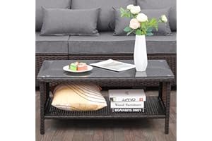 WAROOM Outdoor PE Wicker Coffee Table - Patio Rattan Garden Side End Tea Table with Glass Top Furniture, Brown