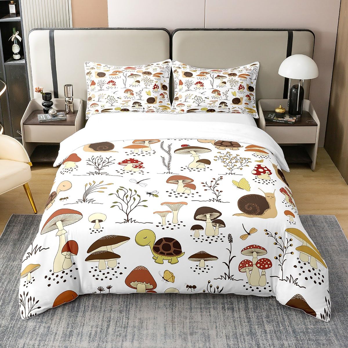 Mushroom Cotton Duvet Cover Set Single Colorful Mushroom Decor Bedding Set Cartoon Mushroon Kawaii Comforter Cover Tortoise Snails Dragonfly Ant Botanical Plants Quilt Cover Bedroom Decor