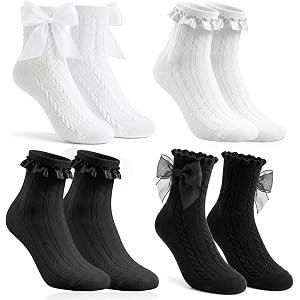 Auteonsa 4 Pairs Lace Ruffle Socks, Black & White Frilly Socks with Ruffles | Womens Ruffle Sock for Women Girls Daily Party