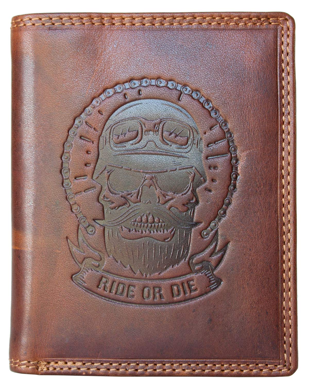 FLW Men's Brown Glazed Genuine Leather Wallet Ride or Die with RFID (Data Protection) - Biker's Head Emboss