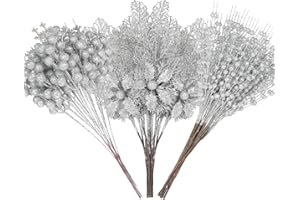 Alupssuc 24 Pcs 3 Styles Glitter Christmas Tree Picks and Holly Berry Stems Christmas Decorations Set, Poinsettia Flowers Artificial for Xmas Tree Ornaments or Party Wreath Fireplace, Silver
