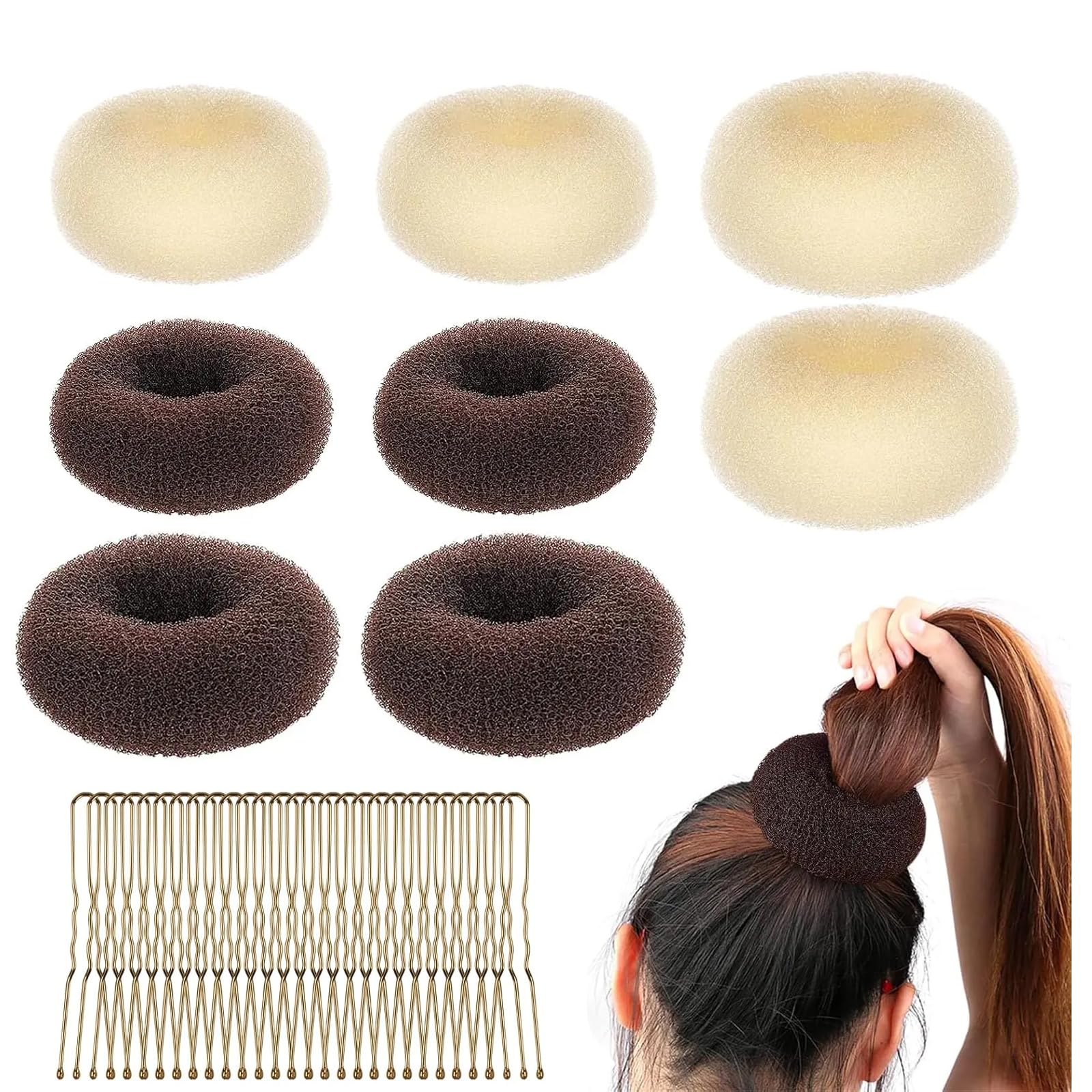 Ninnyi 28 PCS Hair Bun Donut Sets, 8 Hair Doughnuts for Buns with 20 Hair Pins, Hair Padding Donuts Maker