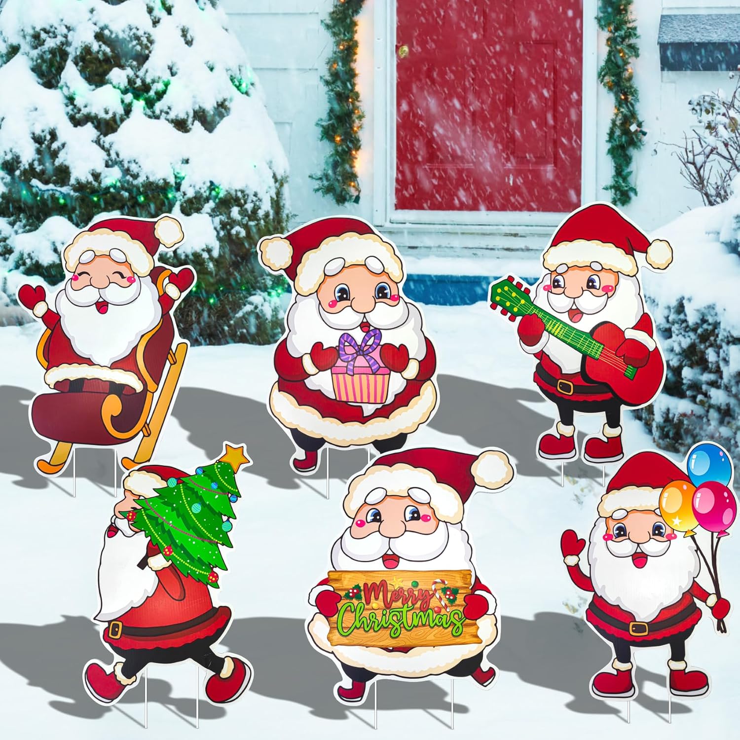 Yard Signs - 6 PCS Christmas Yard Signs, Santa Claus Garden Signs Lovely Outdoor Decor Xmas Outdoor Winter Lawn Garden Holiday Pathway Garden Sign Courtyard Party Garden Sign Christmas Decor for Home Outside