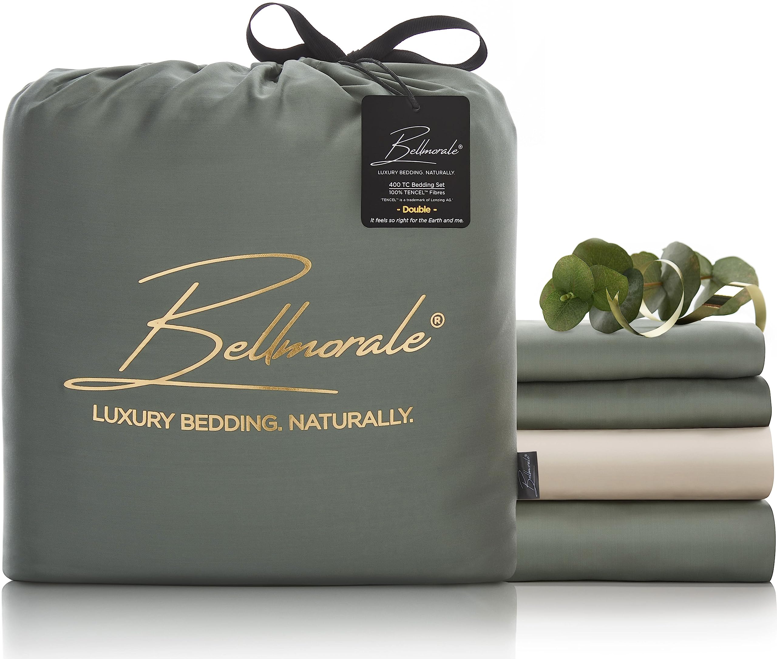 Bellmorale Eucalyptus Silk Bed Set | 400 Thread Count Luxury Tencel Softer than Bamboo Bedding | Soothing Natural Sateen Sheets | Lyocell Duvet Cover Sets | Green/Beige, Double