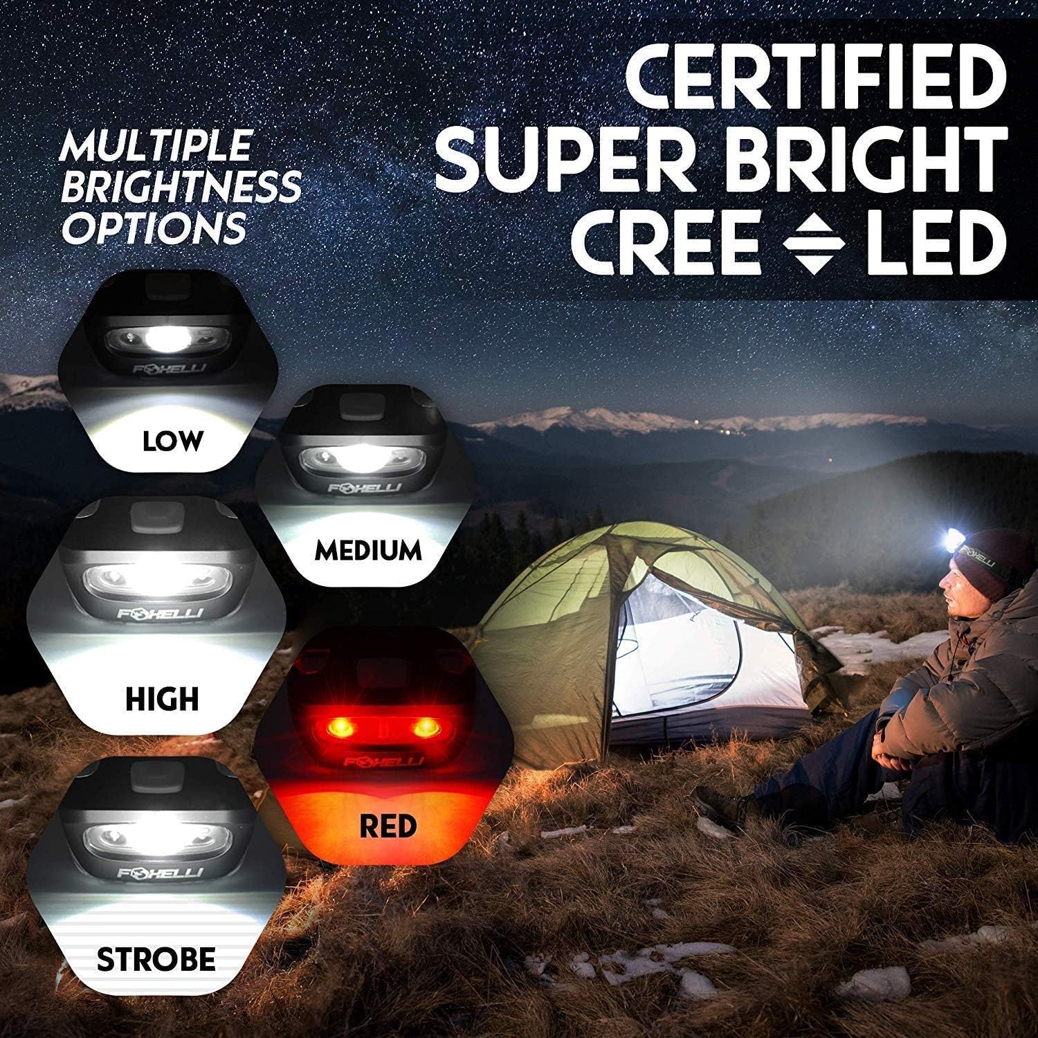 Foxelli Headlamp Flashlight - 165 Lumen, 3 x AAA Batteries Operated, Bright White Cree Led + Red Light, Perfect for Runners, Lightweight, Waterproof, Adjustable Headband, 3 AAA Batteries Included: Sports & Outdoors