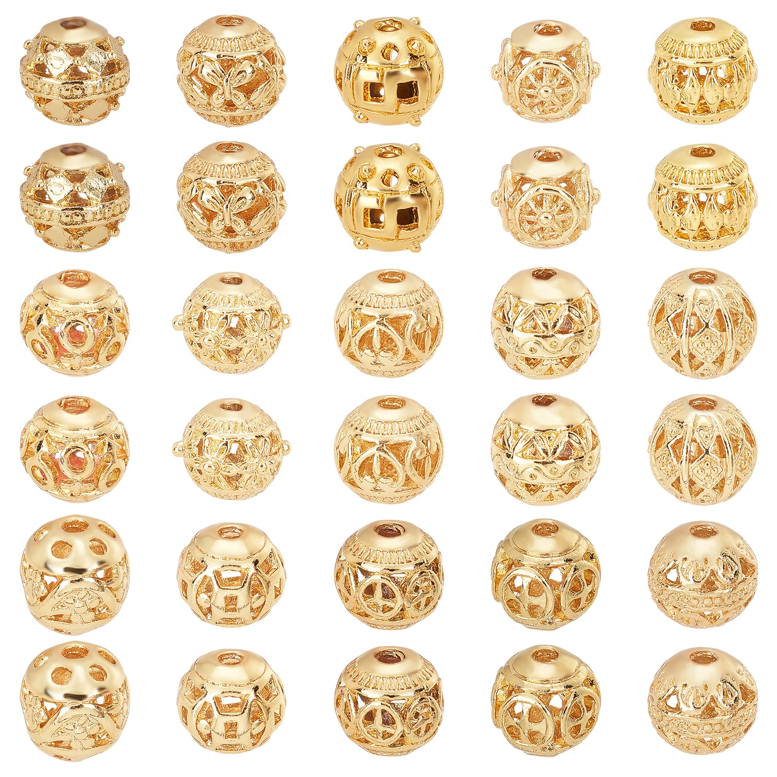 PH PandaHall 15 Style 8mm Round Spacers Beads, 30pcs 18K Gold Plated Alloy Hollow Rondelle Charms Metal Loose Spacer Ball Beads for Bracelet Necklace Jewellery Making, Hole: 1.5~2mm