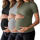 Ficerd 3 Pack 92% Cotton Ribbed Maternity T-Shirts for Women, Mock Turtleneck Side Ruched Slim Short Sleeve Pregnancy Tops