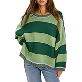 Fisoew Womens Oversized Sweaters Casual Long Sleeve Striped Color Block Crewneck Knitted Loose Fall Pullover Tops