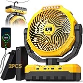 3-in-1 Portable Camping Fan - 9 inch 36000mAh Detachable Battery Rechargeable Fan with LED & Remote - 4 Speeds Battery Powere