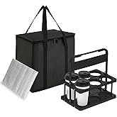 Reusable 6 Cup Drink Carrier with Handle and Insulated Food Delivery Bag, Portable Plastic Cup Caddy, 26L Grocery Cooler Box for Car Delivery, Travel, Picnic